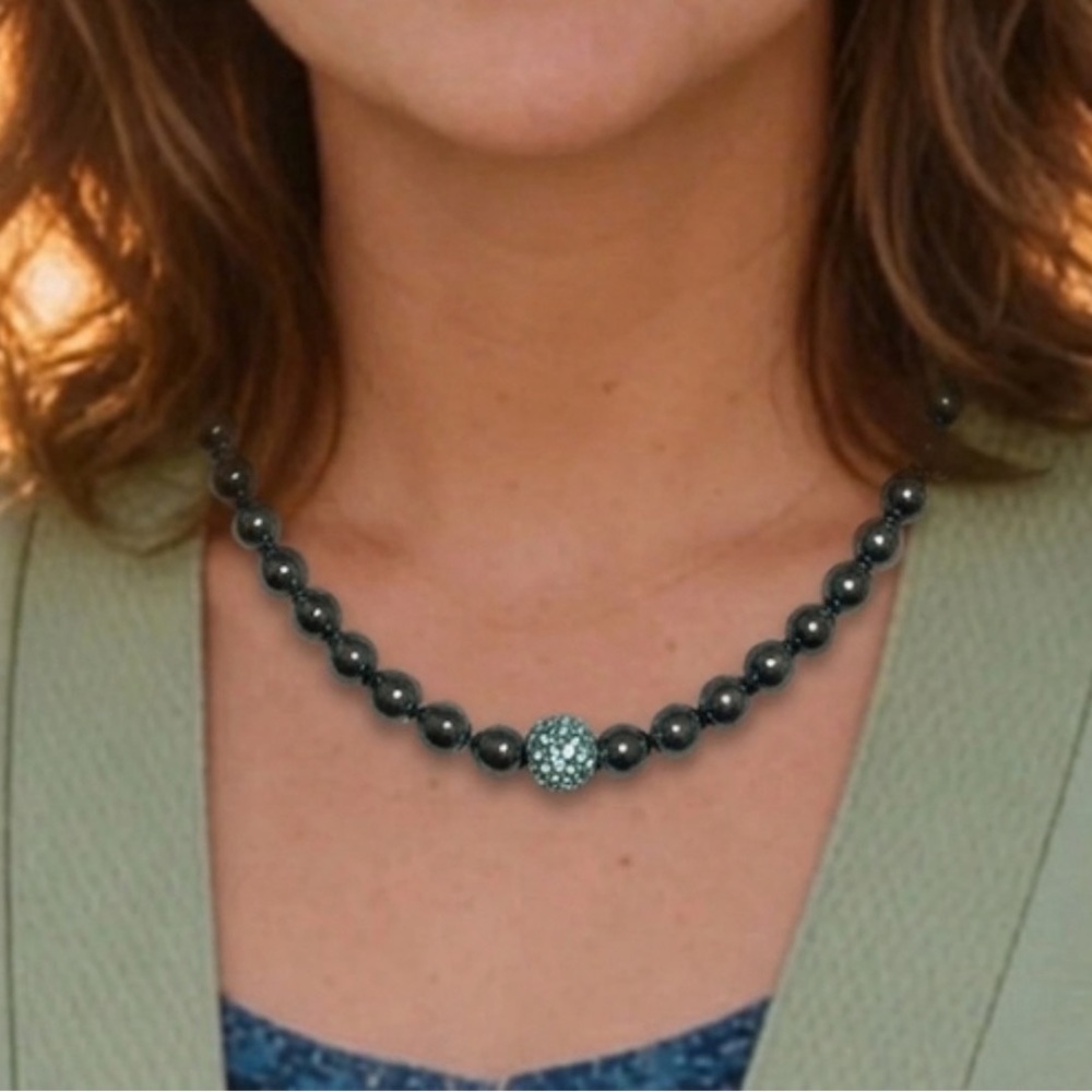 Genuine Hematite Beaded Necklace - Gunmetal Grey & Blue Crystal Pavé